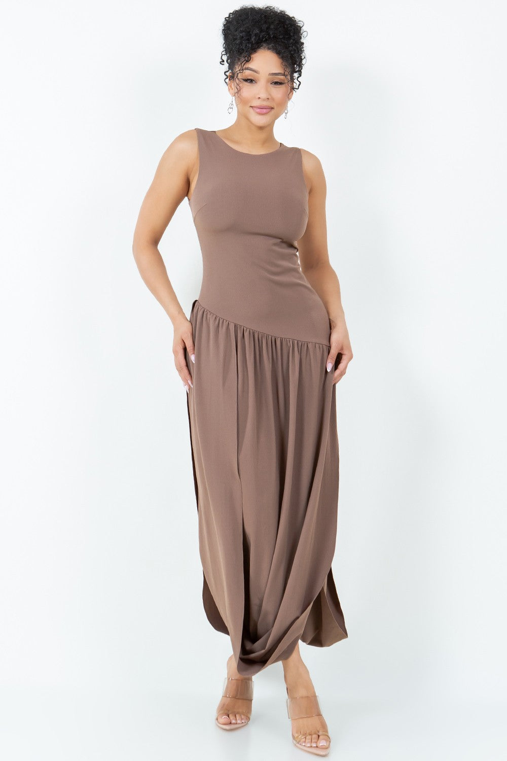 Deborah Sleeveless Bubble Hem Slit Front Maxi Dress