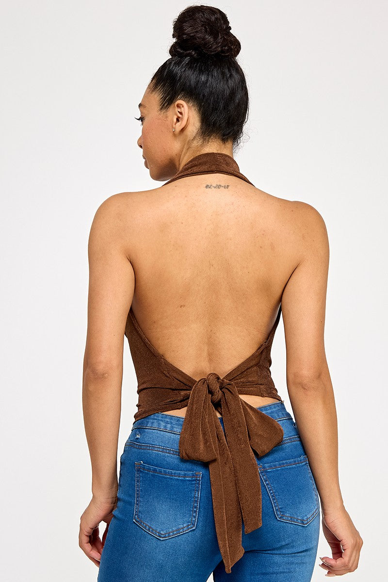 Lacienega Deep V Cowl Neck Slinky Open Back Halter Top