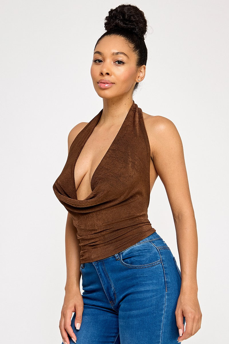 Lacienega Deep V Cowl Neck Slinky Open Back Halter Top