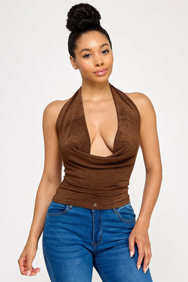 Lacienega Deep V Cowl Neck Slinky Open Back Halter Top