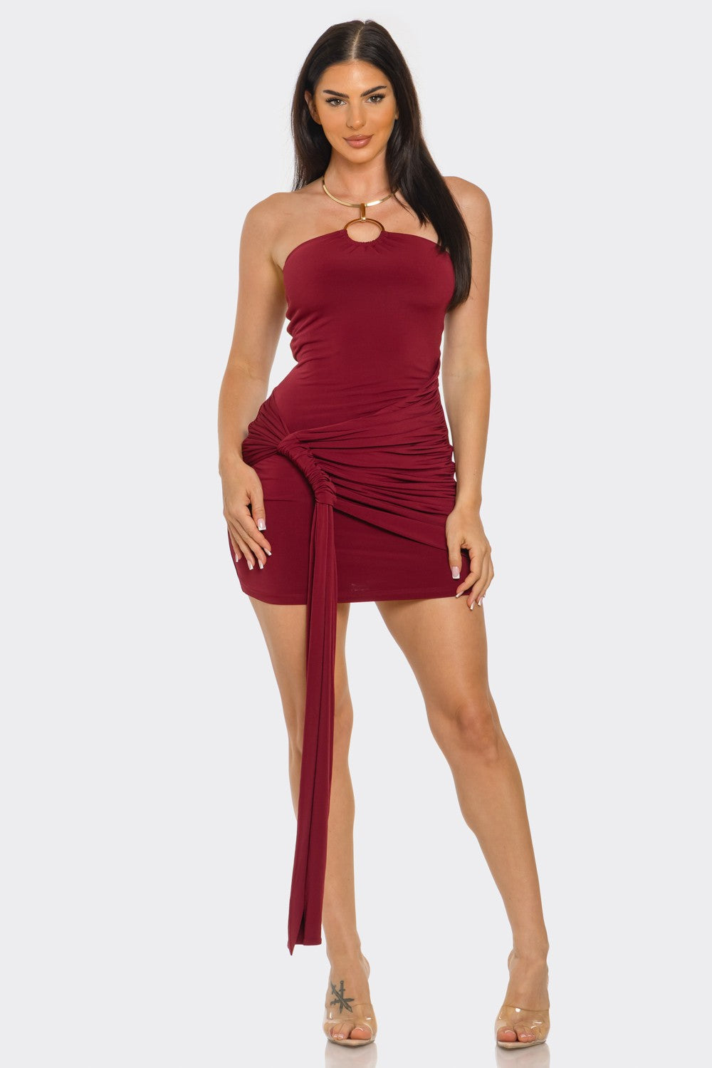 Dolores Gold O Ring Front Wrap Halter Neck Mini Dress