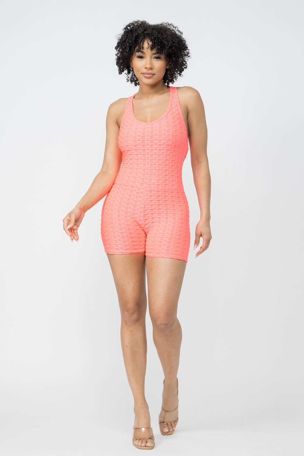 Comfy Peach Honeycomb Knit Criss Cross Open Back Romper