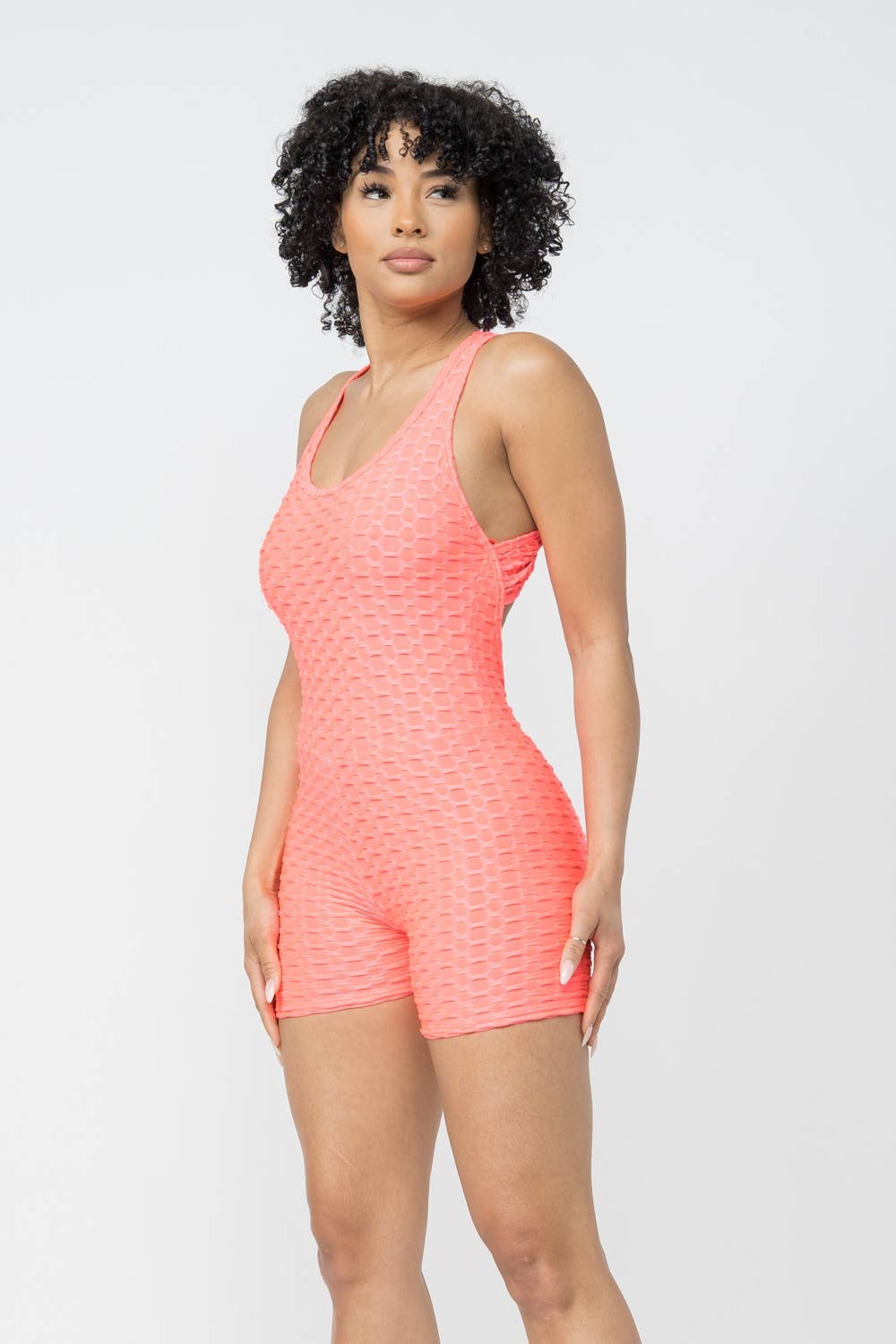 Comfy Peach Honeycomb Knit Criss Cross Open Back Romper