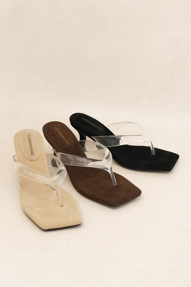 Lilou Square Toe Clear Thong Suede Mid Heel Mules