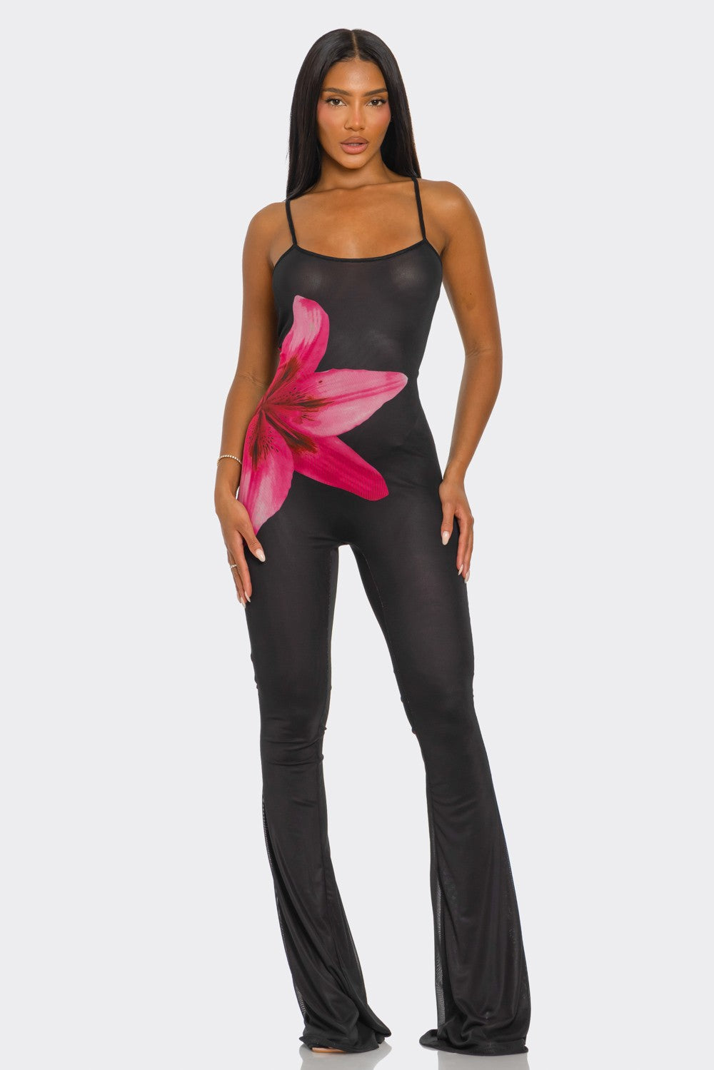 Taliya Cami Strap Floral Print Mesh Wide Leg Jumpsuit