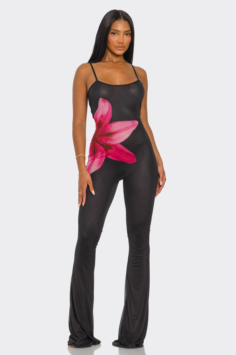 Taliya Cami Strap Floral Print Mesh Wide Leg Jumpsuit