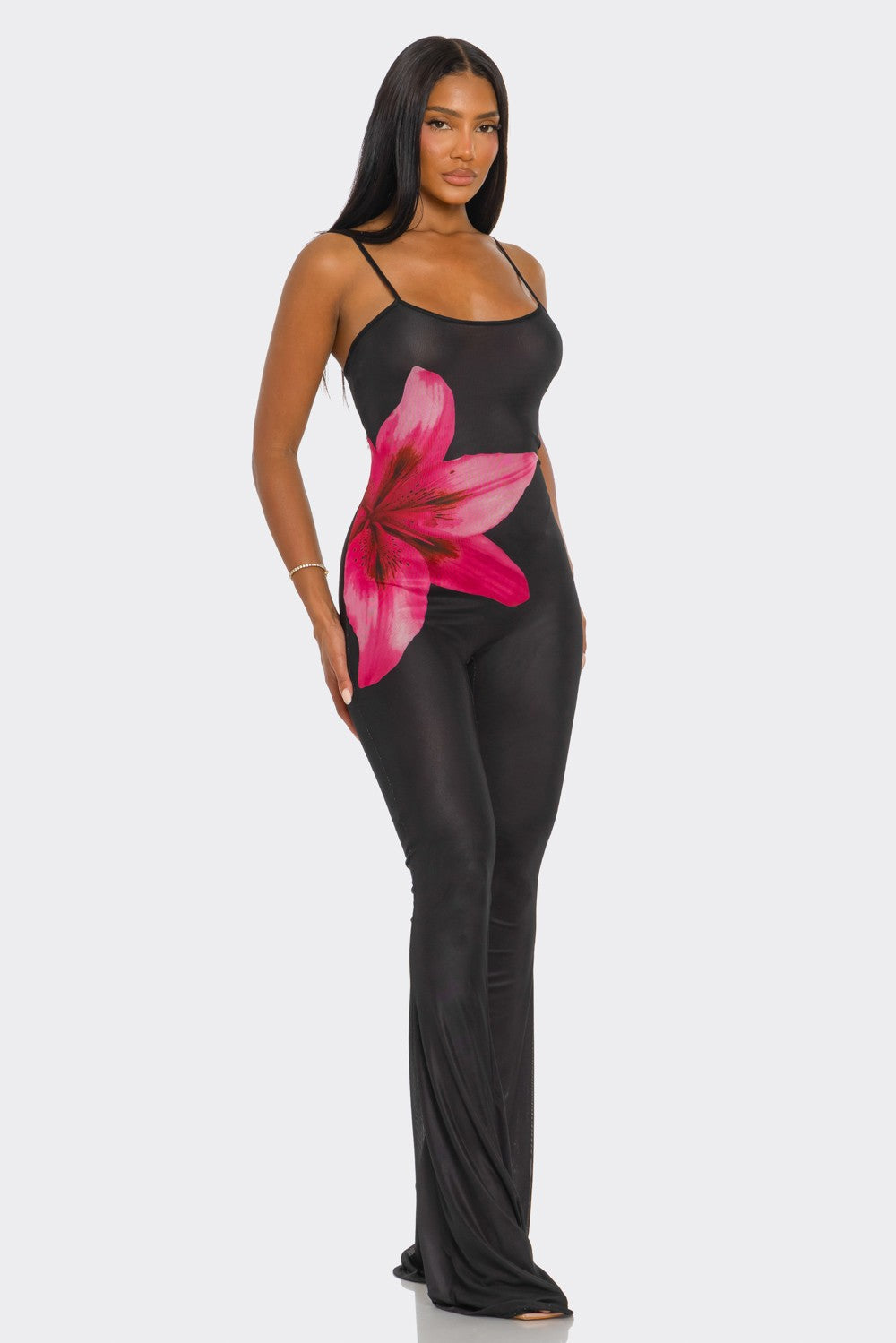 Taliya Cami Strap Floral Print Mesh Wide Leg Jumpsuit