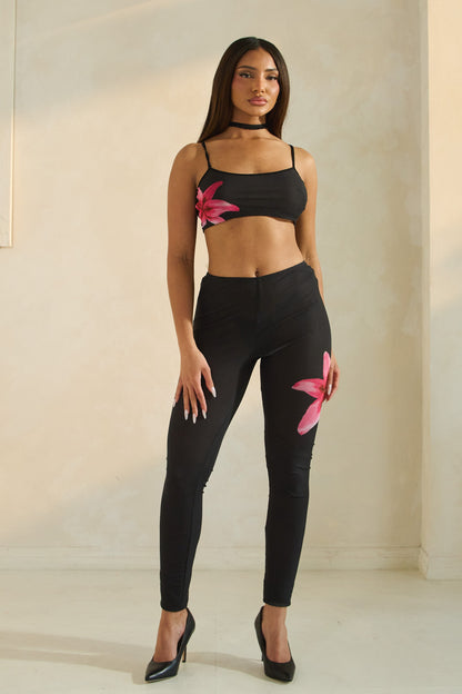 Taliya Cami Strap Floral Print Mesh Two Piece Pant Set