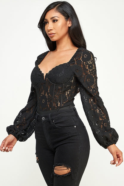 Georgia Lace Sweetheart Neck Long Sleeves Bodysuit
