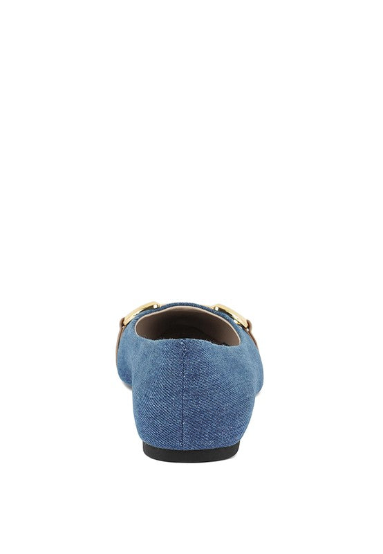 Cressida Gold Horsebit Detail Denim Ballet Flats