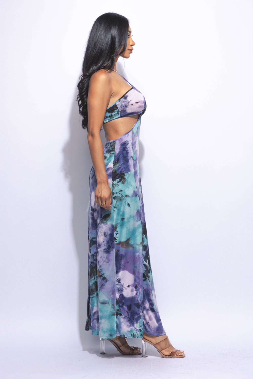 Nara Halter Neck Tropical Print Slit Front Maxi Dress