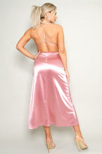 Karine Deep V Neck Halter Satin Slip Dress