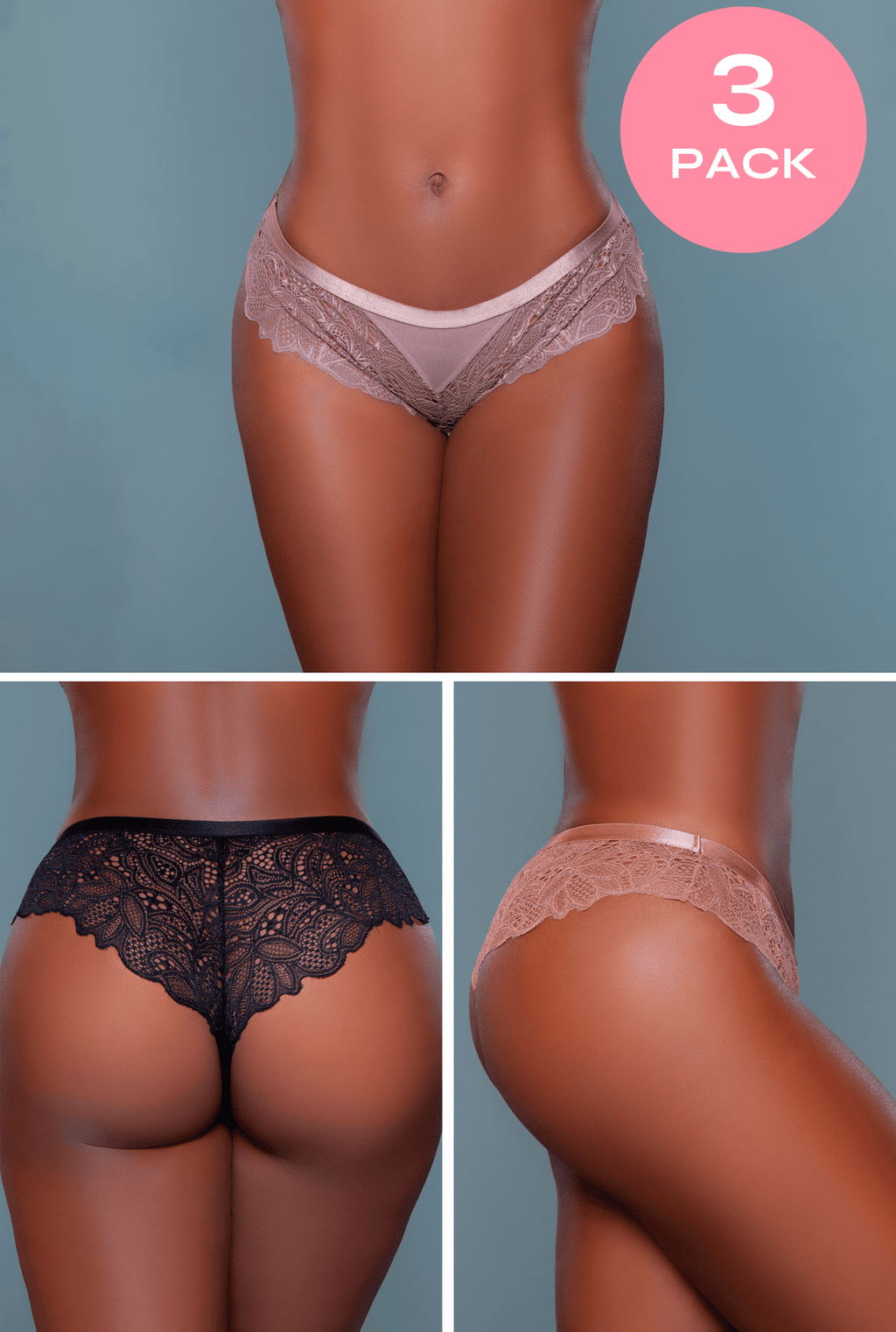 3 - Pack Soft Satin Cheeky Lace Panties - ShopRbls
