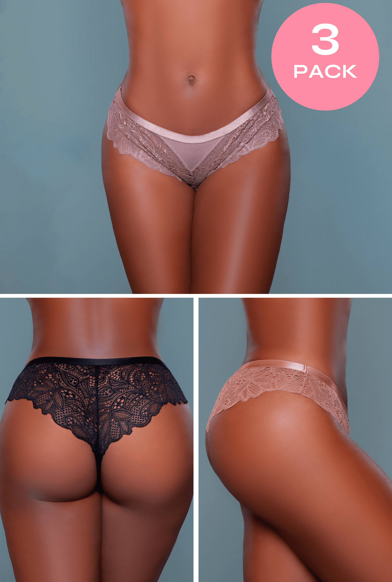 3 - Pack Soft Satin Cheeky Lace Panties - ShopRbls
