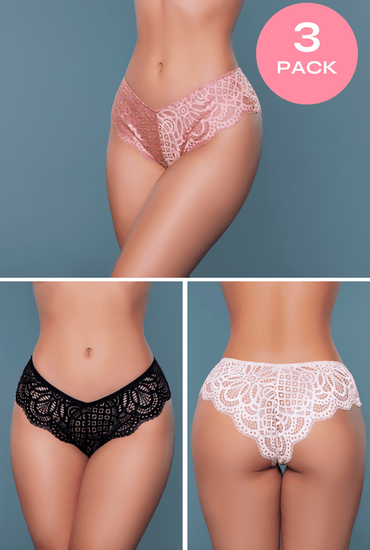 3 - Pack Sultry Scalloped Lace Cheeky Brief Panties - ShopRbls
