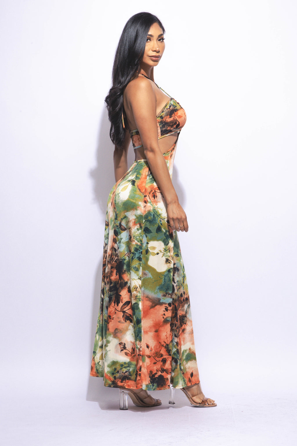 Nara Halter Neck Tropical Print Slit Front Maxi Dress