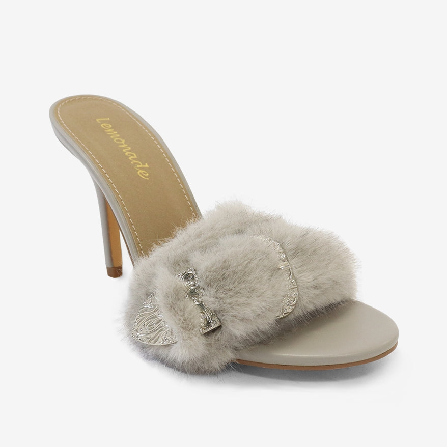 Luna Glam Faux Fur Buckle Detail Slip On High Heel Mules