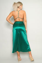 Karine Deep V Neck Halter Satin Slip Dress