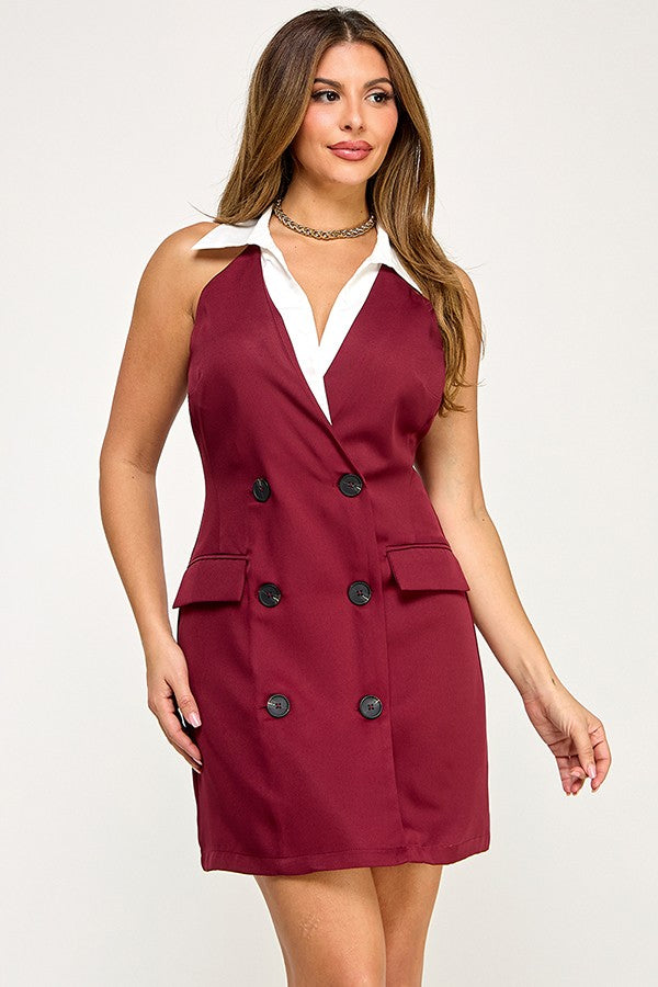 Vivienne Sleeveless Lapel Collar Double Breasted Vest Mini Dress