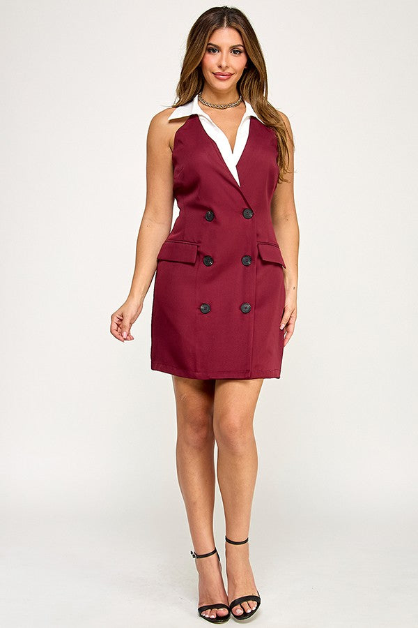Vivienne Sleeveless Lapel Collar Double Breasted Vest Mini Dress