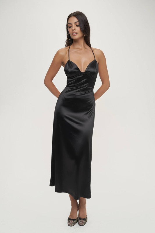 Karine Deep V Neck Halter Satin Slip Dress