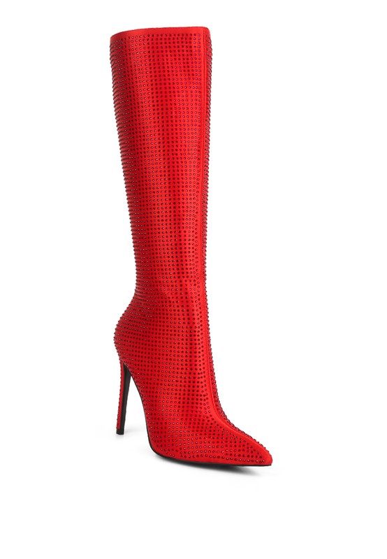 Hollywood Diamante Embelished Pointed Toe Mid Calf Boots