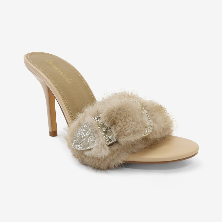 Luna Glam Faux Fur Buckle Detail Slip On High Heel Mules