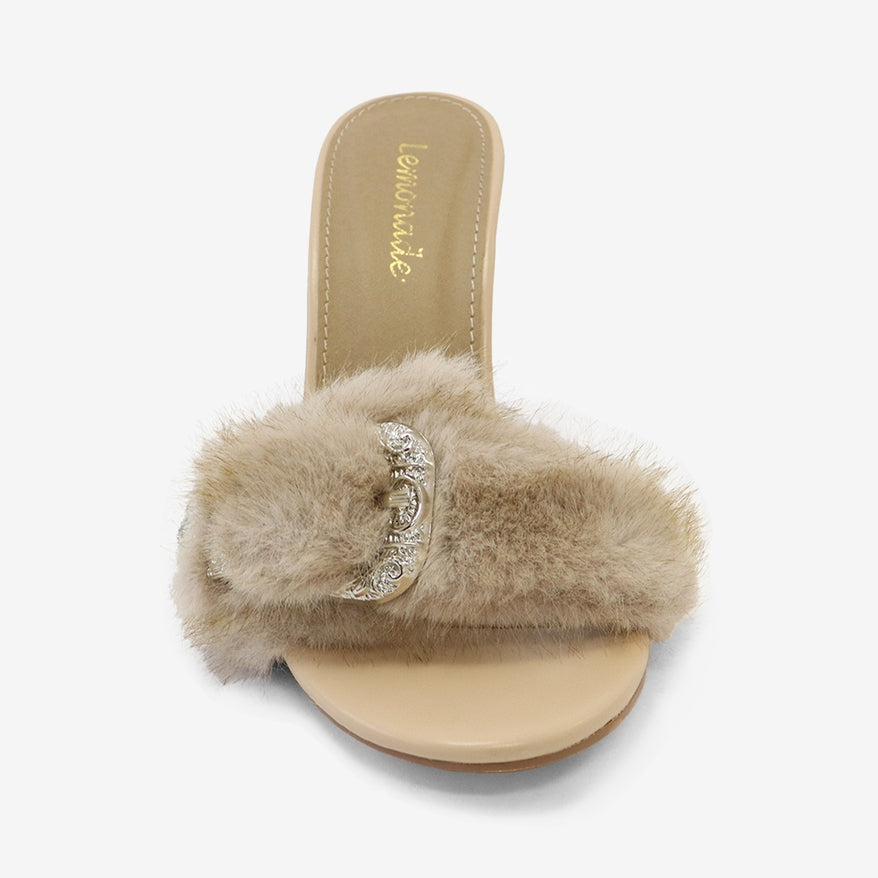 Luna Glam Faux Fur Buckle Detail Slip On High Heel Mules