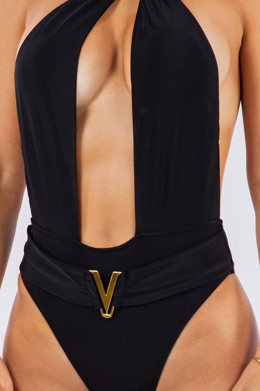 Valentina Deep V Neck Gold Detail Open Back Swimsuit