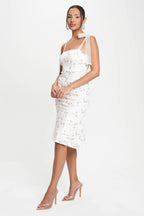 Enaya Square Neck Floral Lace Print Mesh Midi Dress