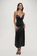 Karine Deep V Neck Halter Satin Slip Dress
