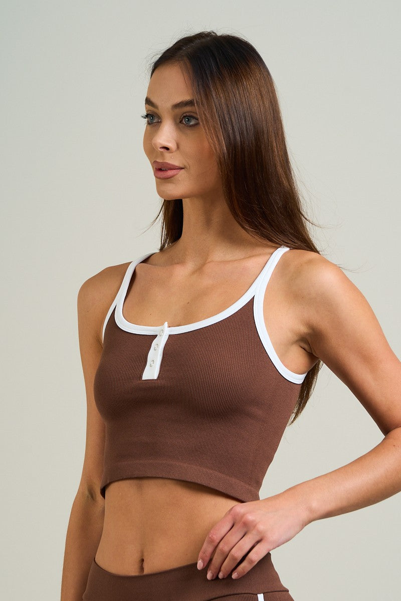 Comfy Peach Seamless Rib Knit Contrast Trim Crop Top