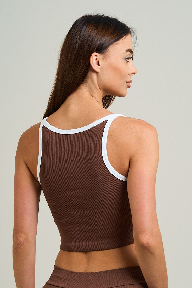 Comfy Peach Seamless Rib Knit Contrast Trim Crop Top