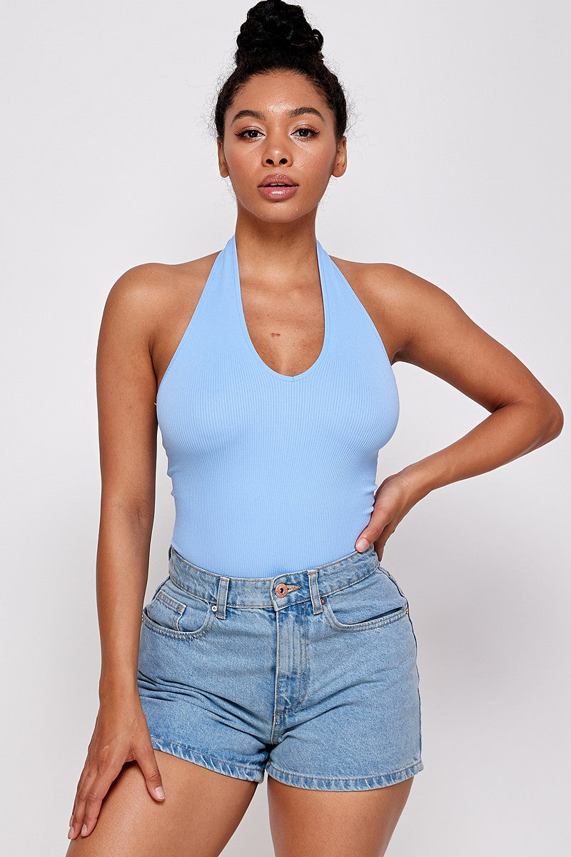 Casual Basics Open Back Deep V Rib Knit Halter Neck Bodysuit