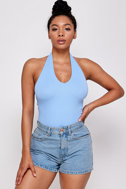 Casual Basics Open Back Deep V Rib Knit Halter Neck Bodysuit