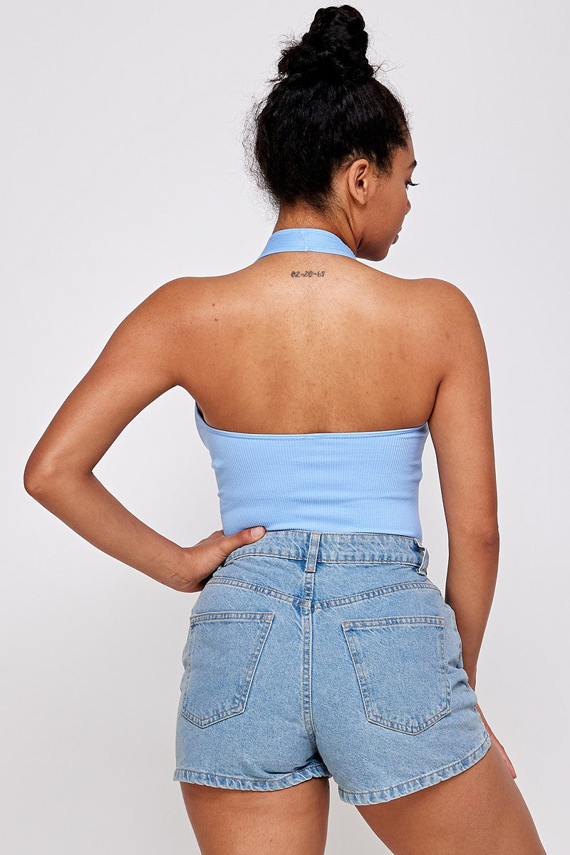 Casual Basics Open Back Deep V Rib Knit Halter Neck Bodysuit