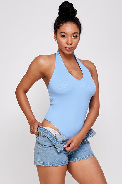 Casual Basics Open Back Deep V Rib Knit Halter Neck Bodysuit