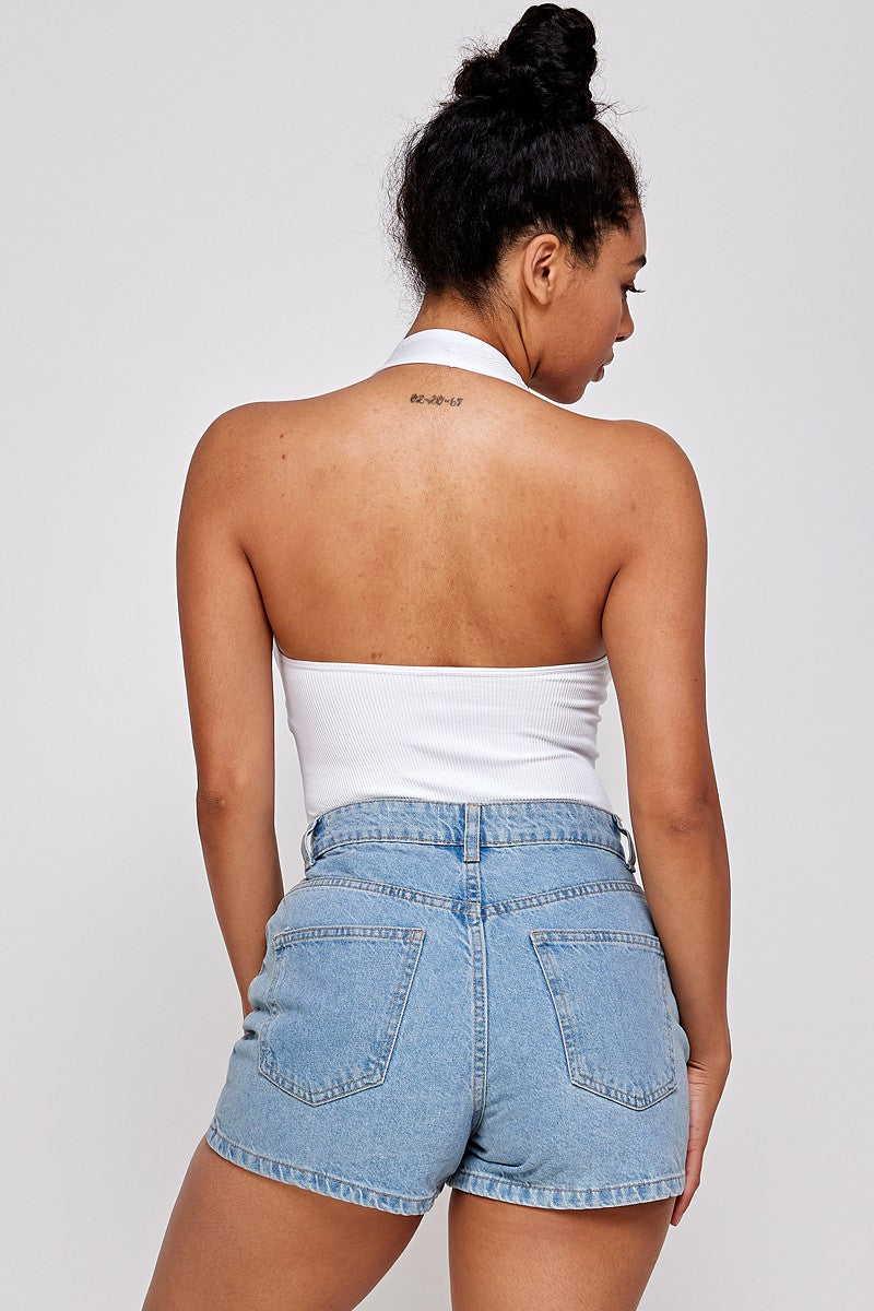 Casual Basics Open Back Deep V Rib Knit Halter Neck Bodysuit