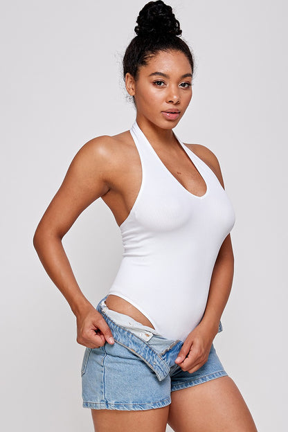 Casual Basics Open Back Deep V Rib Knit Halter Neck Bodysuit