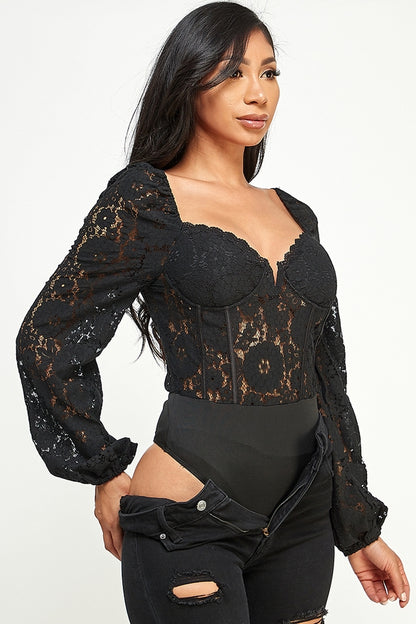 Georgia Lace Sweetheart Neck Long Sleeves Bodysuit