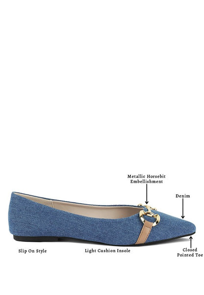 Cressida Gold Horsebit Detail Denim Ballet Flats