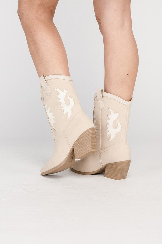 Gia Contrast Detail Western Mid Calf Cowboy Boots