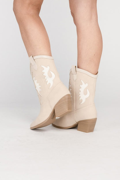 Gia Contrast Detail Western Mid Calf Cowboy Boots