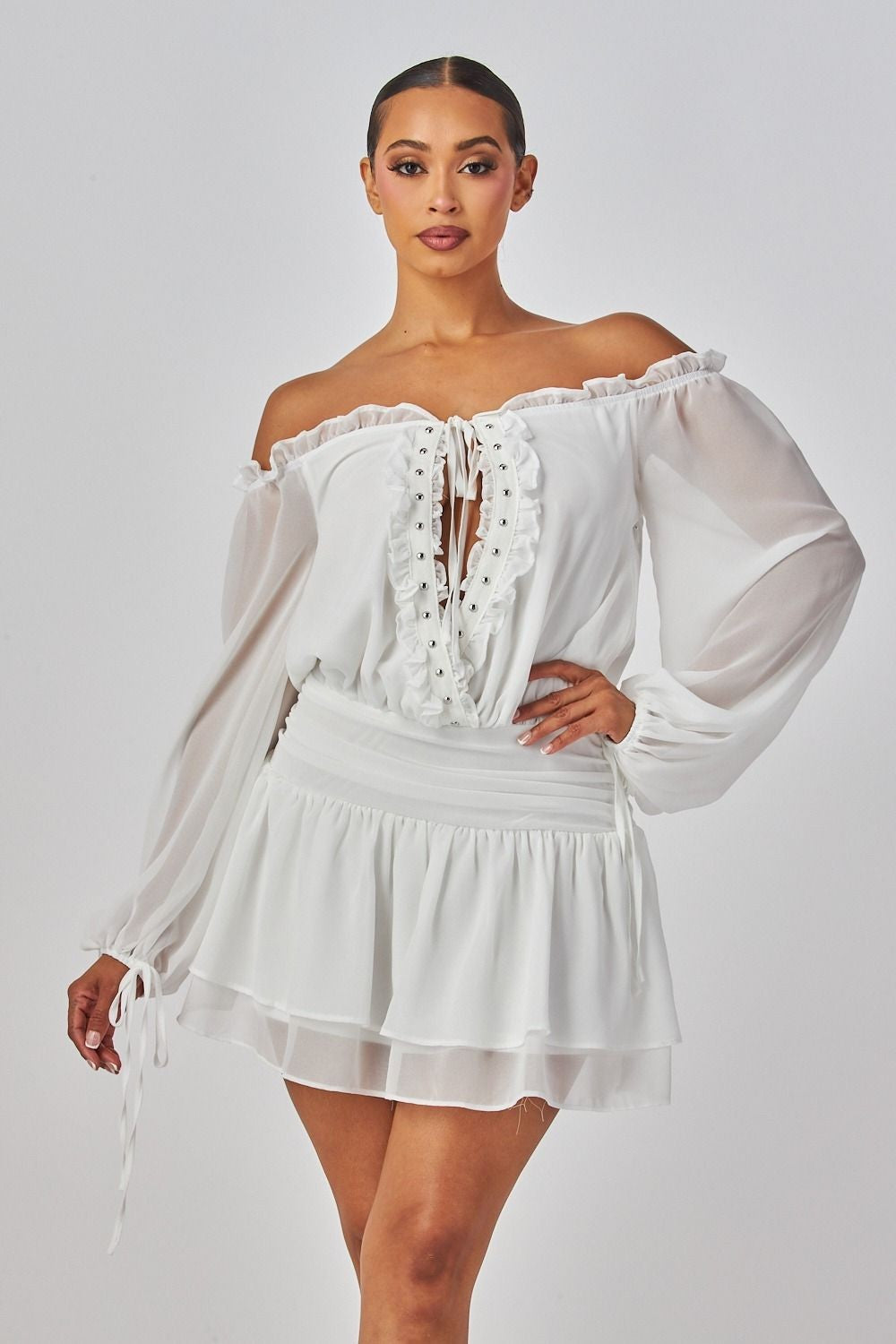 Elisabeth Off Shoulder Lace Up Front Ruffle Blouson Mini Dress