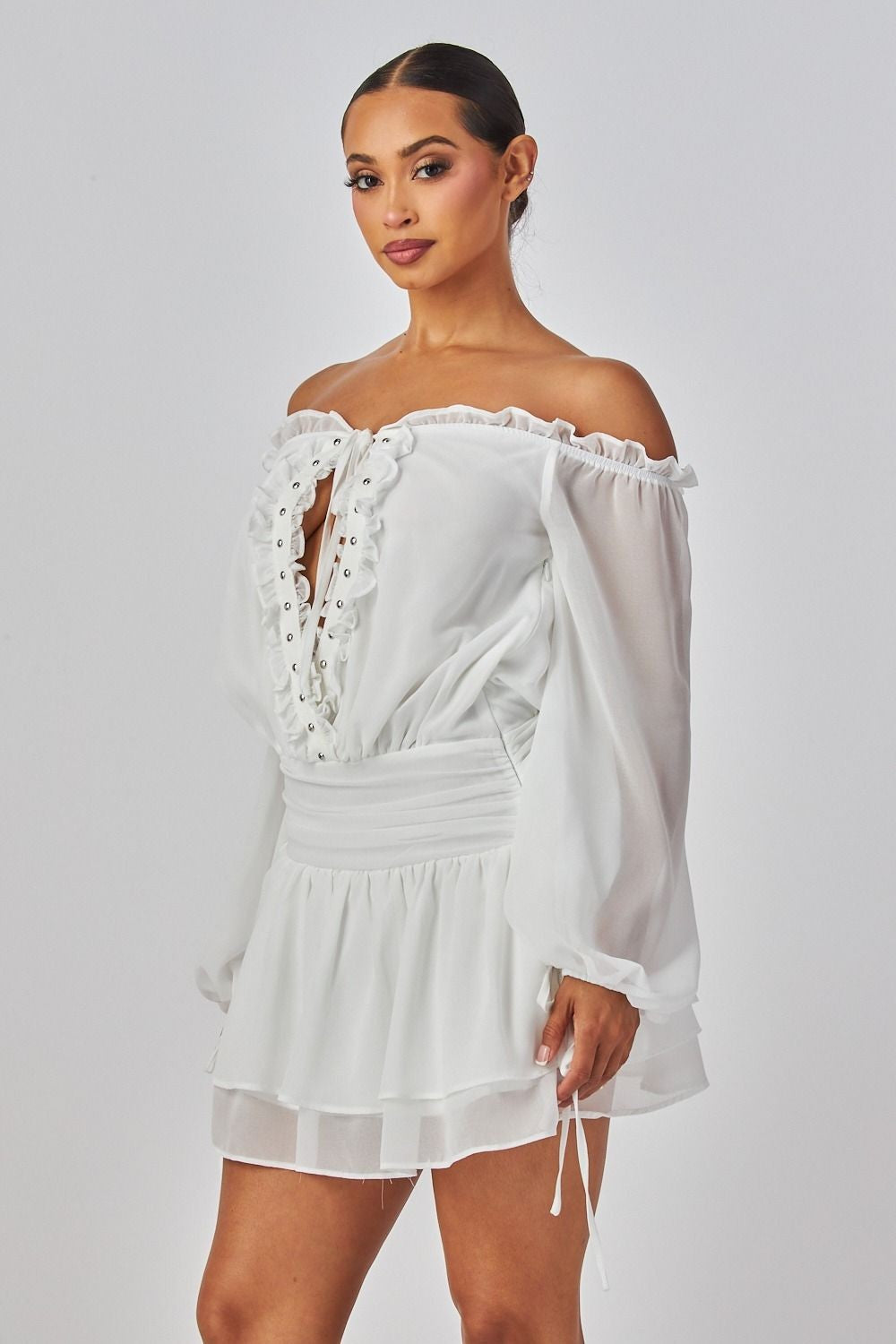 Elisabeth Off Shoulder Lace Up Front Ruffle Blouson Mini Dress