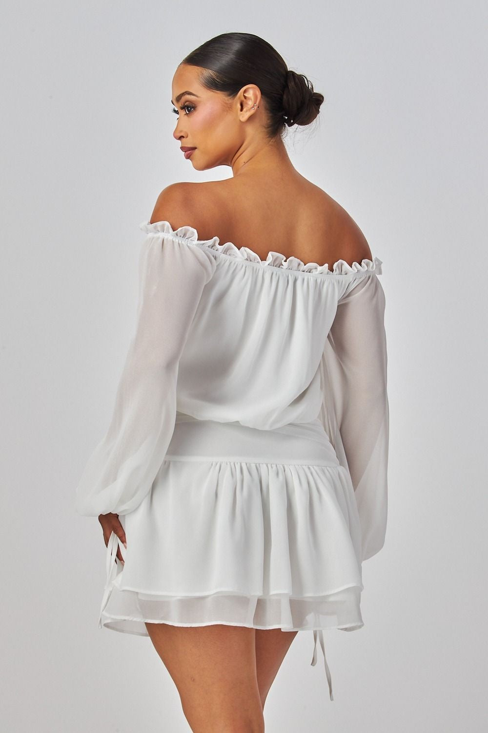 Elisabeth Off Shoulder Lace Up Front Ruffle Blouson Mini Dress