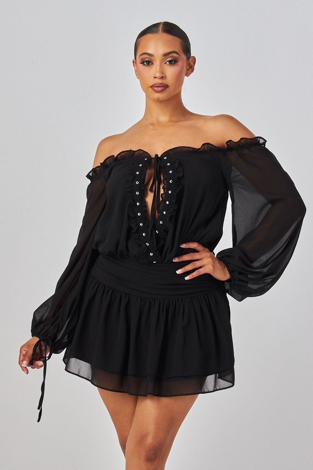 Elisabeth Off Shoulder Lace Up Front Ruffle Blouson Mini Dress