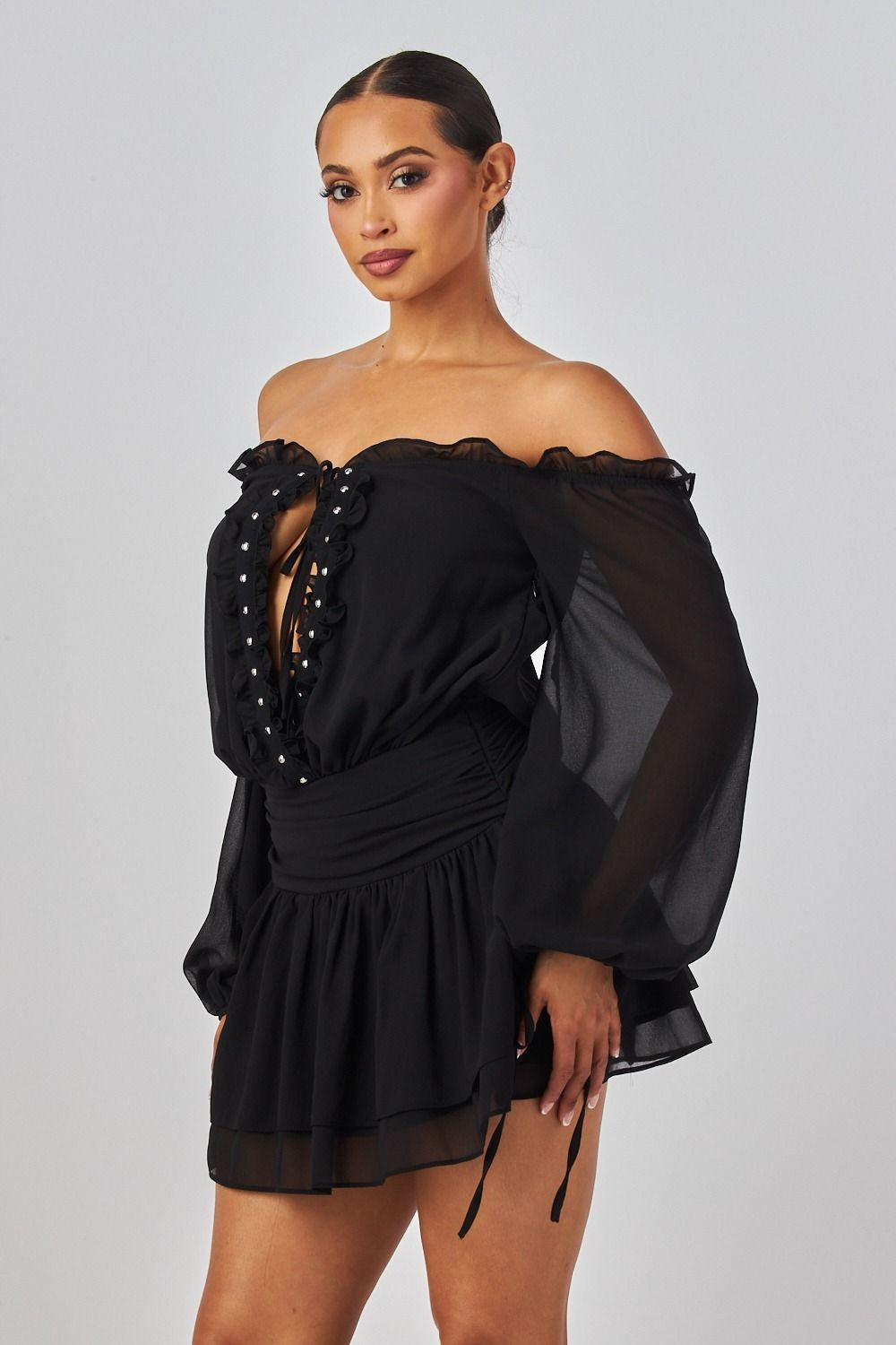 Elisabeth Off Shoulder Lace Up Front Ruffle Blouson Mini Dress