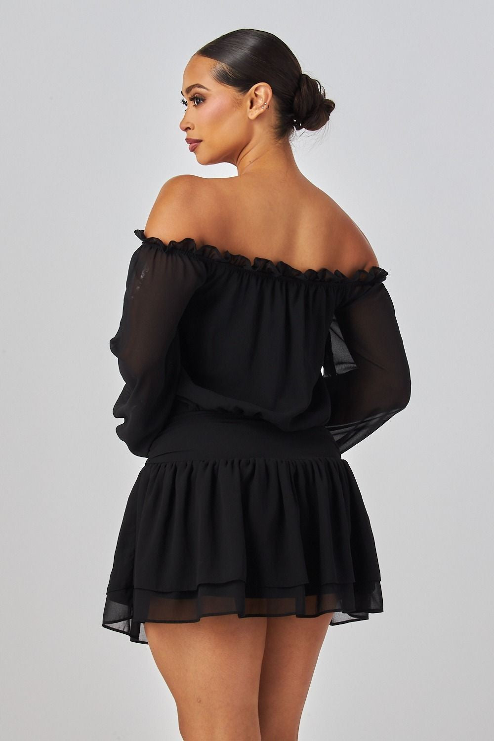 Elisabeth Off Shoulder Lace Up Front Ruffle Blouson Mini Dress