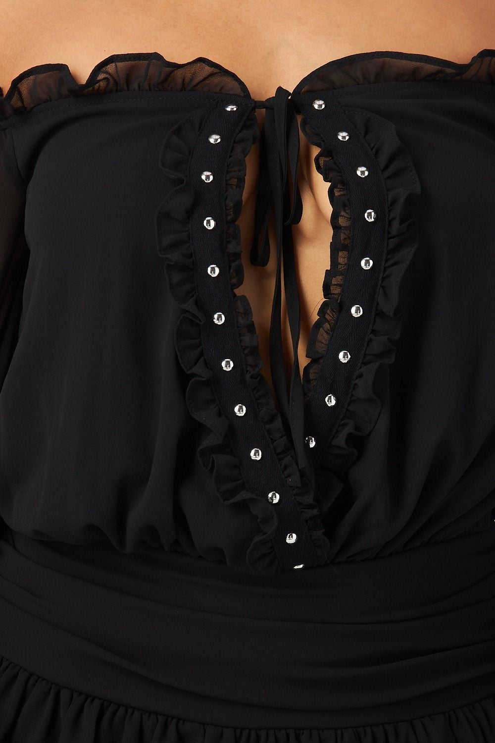 Elisabeth Off Shoulder Lace Up Front Ruffle Blouson Mini Dress